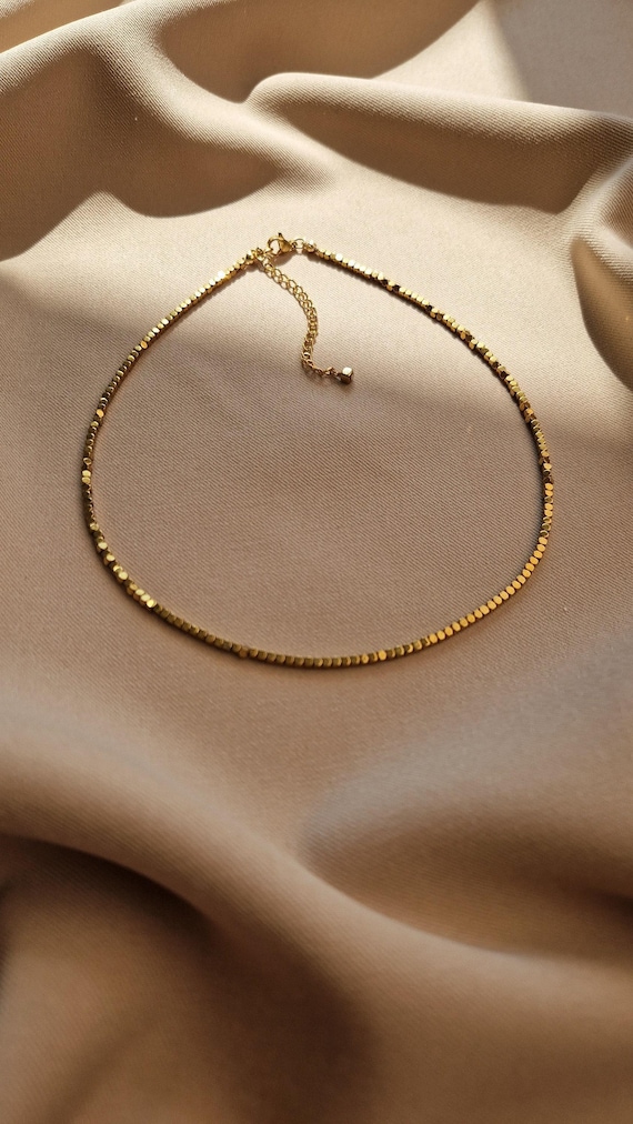 Golden Hematite Choker Necklace, Protective Gemstone Choker, Summer Beach Jewelry, Minimalist Aesthetics, Hematite Beads Dainty Choker