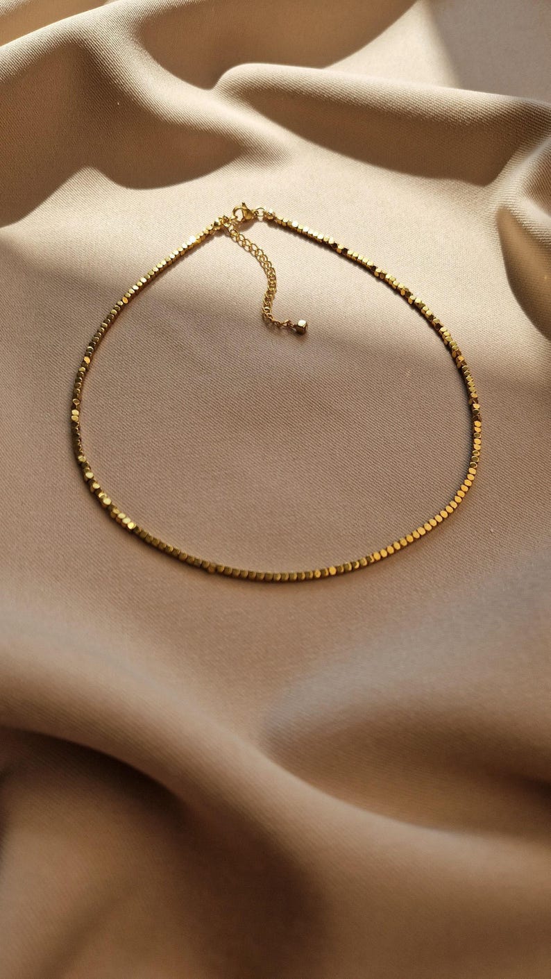 Golden Hematite Choker Necklace, Protective Gemstone Choker, Summer Beach Jewelry, Minimalist Aesthetics, Hematite Beads Dainty Choker image 1
