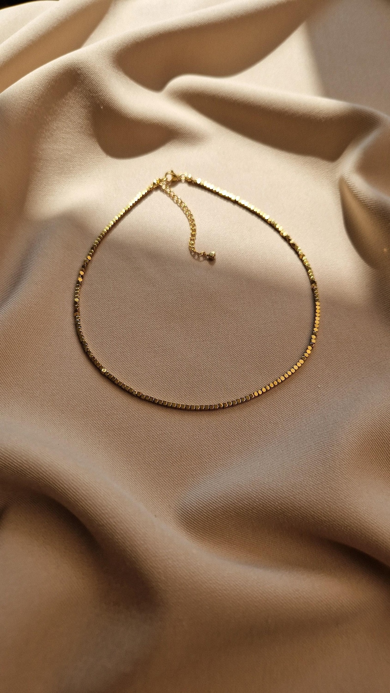 Golden Hematite Choker Necklace, Protective Gemstone Choker, Summer Beach Jewelry, Minimalist Aesthetics, Hematite Beads Dainty Choker image 9