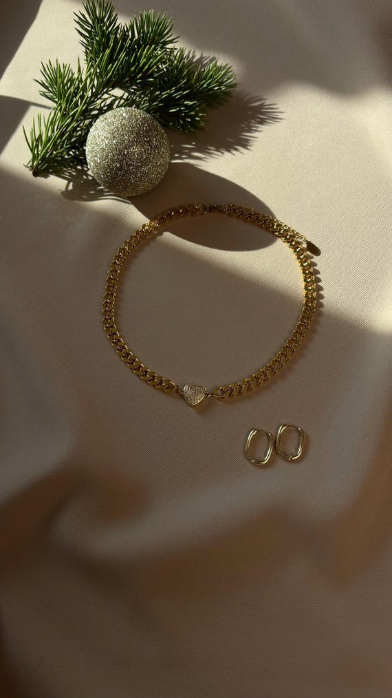 Parure Cœur Acier Inoxydable Plaqué Or – Collier + Boucles D'oreilles Femme