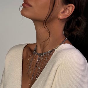 Mixed Metal Fringe Necklace, Two Tone Statement Choker & Rectangular Hoops image 16