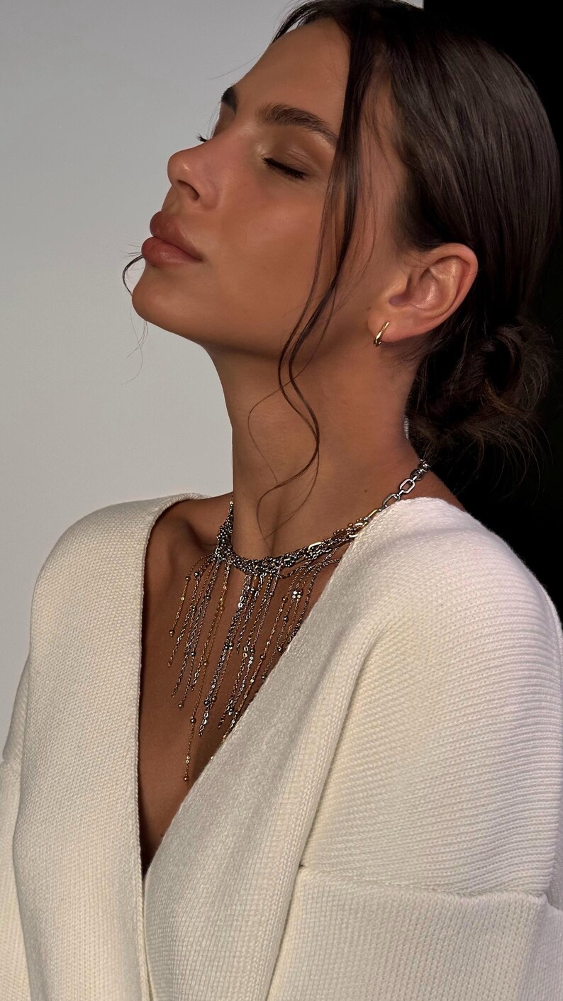 Mixed Metal Fringe Necklace, Two Tone Statement Choker & Rectangular Hoops image 16