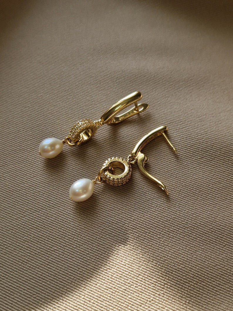 Pearl Earrings Gold, Dangle Pearl Earrings, Bridal Earrings Weddings, Statement Earrings Freshwater Pearls, Real Pearl Earrings image 3