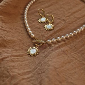 Sun Pendant Gold Pearl Necklace with Toggle Clasp, Dangle Sun Earrings