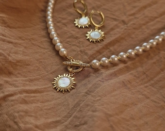 Sun Pendant Gold Pearl Necklace with Toggle Clasp, Dangle Sun Earrings, Celestial Jewelry Set, Gift for Wife