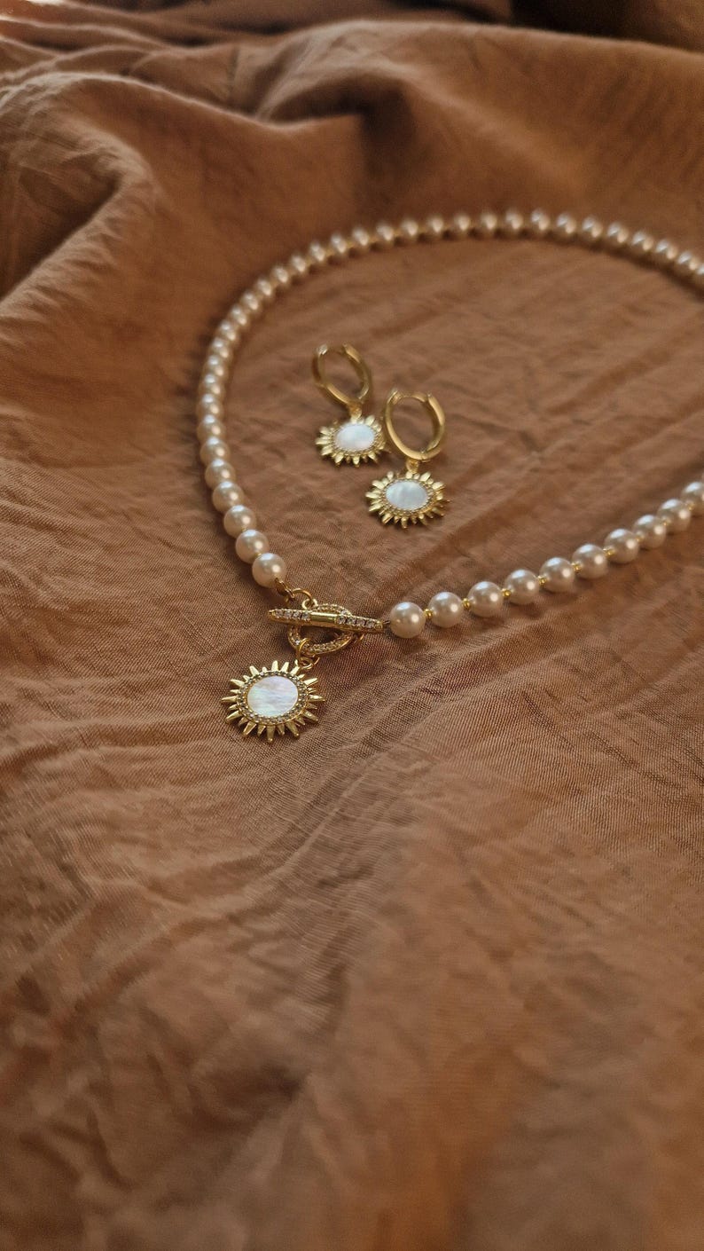 Sun Pendant Gold Pearl Necklace with Toggle Clasp, Dangle Sun Earrings
