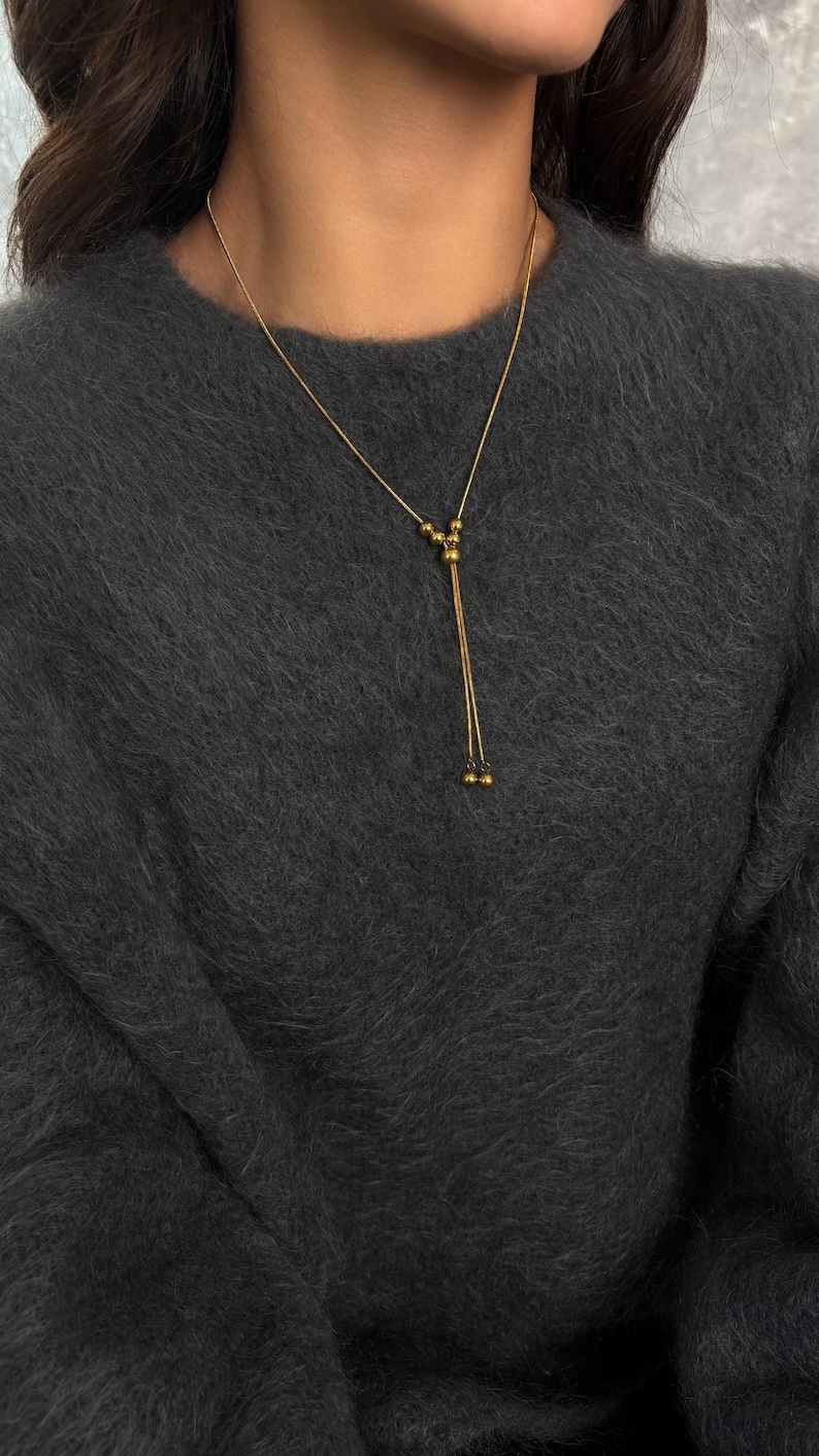 Adjustable Gold Lariat Necklace, Non Tarnish Bolo Tie & Hoop Earrings Set image 13