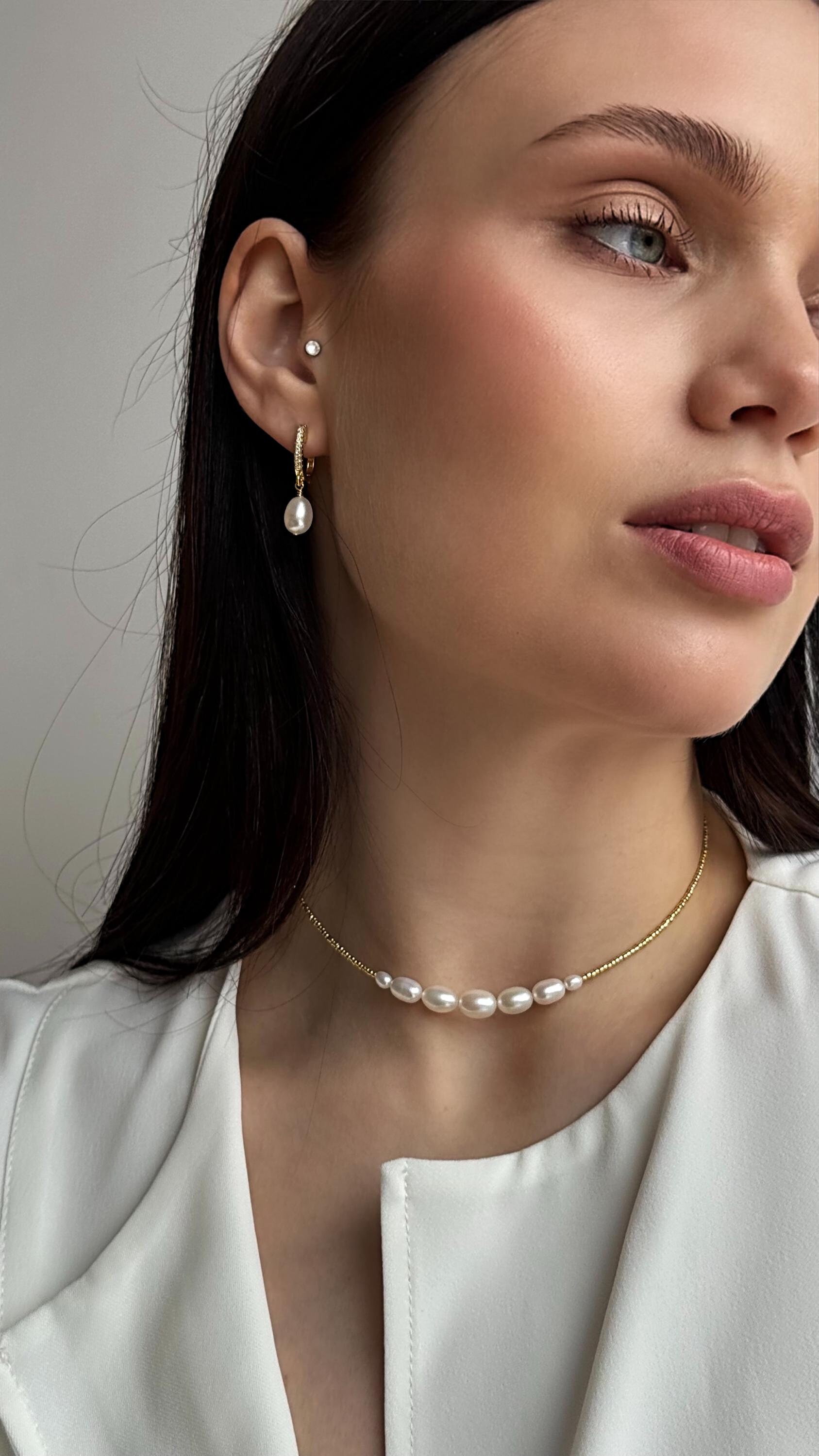 Bridal Beaded Choker Necklace with Freshwater Pearls, Wedding Pearl Drop Earrings, Bridal Shower Jewelry Gift