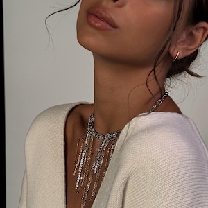 Mixed Metal Fringe Necklace, Two Tone Statement Choker & Rectangular Hoops image 14