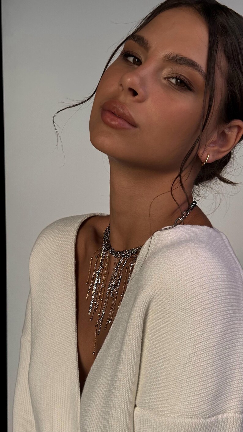 Mixed Metal Fringe Necklace, Two Tone Statement Choker & Rectangular Hoops image 14