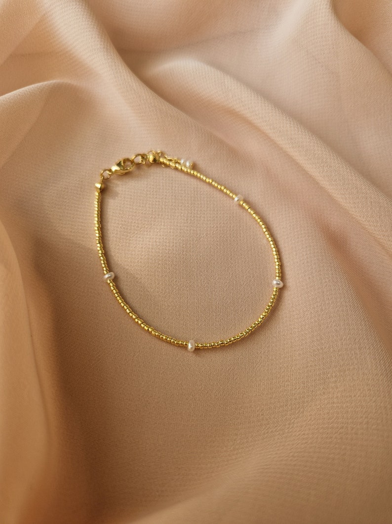 Bracelet with Natural Pearls, Beads Bracelet with Pearls, Dainty bracelet, Elegant custom size bracelet, Gold plated bracelet, Gift for Wife image 1