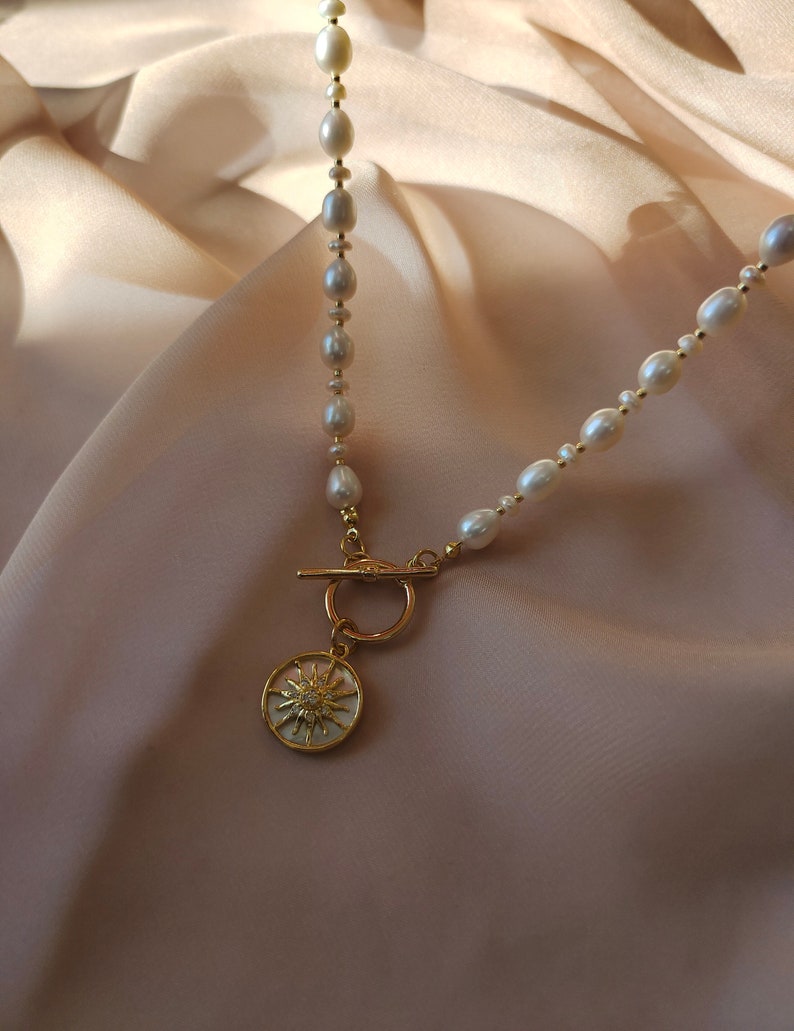 Celestial Jewelry, Sun Pendant Necklace and Gold Plated Mother of Pearl Earrings, Real Pearl Necklace, Freshwater Pearls image 5