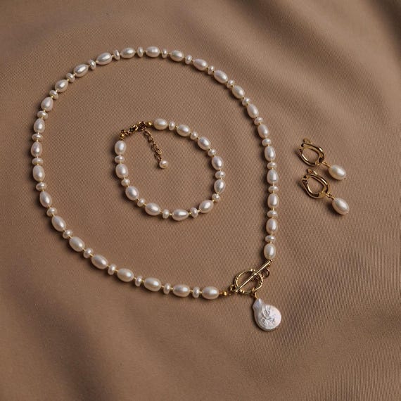 Real Pearl Pendant Necklace with Toggle Closure, Freshwater Pearl Bracelet, Gold Plated Pearl dangle Earrings, Genuine Pearls Jewelry Set