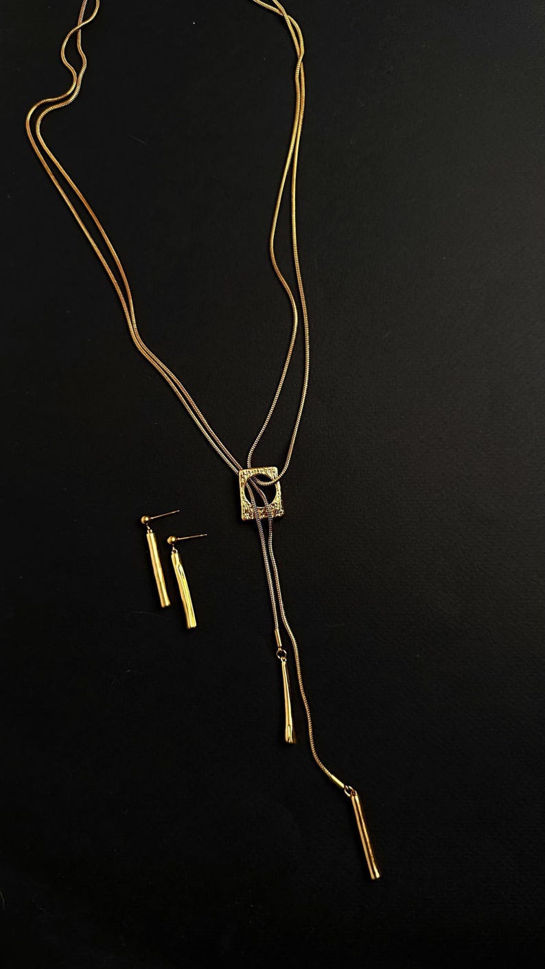 Art Deco Y Necklace for Rehearsal Dinner & Gold Lariat Stud Set image 4
