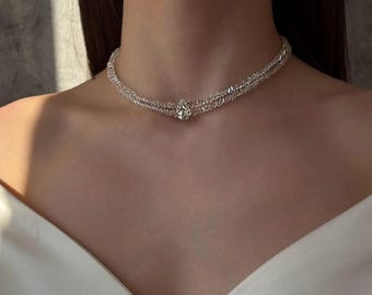 Collana girocollo boho, collana con perline di vetro e ciondolo in cristallo, collana vistosa, girocollo da sposa, regalo per la fidanzata