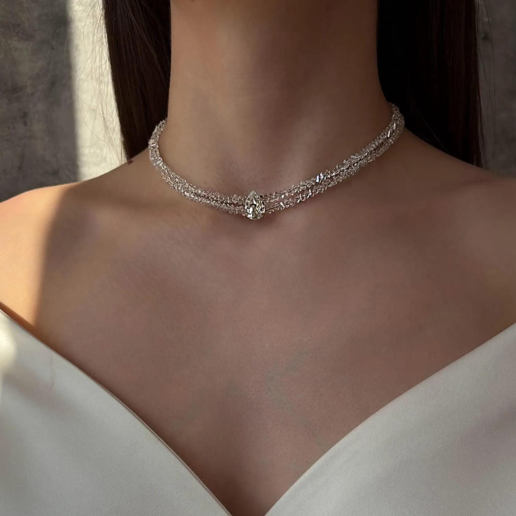 Set Gioielli Sposa Cristallo E Strass - Collana E Orecchini Choker Verde Champagne
