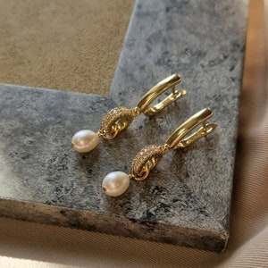 Pearl Earrings Gold, Dangle Pearl Earrings, Bridal Earrings Weddings, Statement Earrings Freshwater Pearls, Real Pearl Earrings image 1