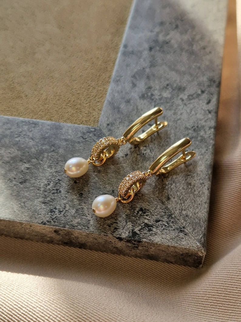Pearl Earrings Gold, Dangle Pearl Earrings, Bridal Earrings Weddings, Statement Earrings Freshwater Pearls, Real Pearl Earrings image 1