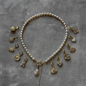 May include: A white pearl necklace with a gold-toned toggle clasp and a dangling pearl charm, surrounded by twelve assorted gold-toned metal charms including sunbursts, a heart, a letter A, and various circular pendants with white inlays.