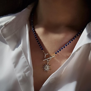 Lapis Lazuli Necklace with Gold Sun Pendant, Celestial Pendant Necklace with Toggle Clasp