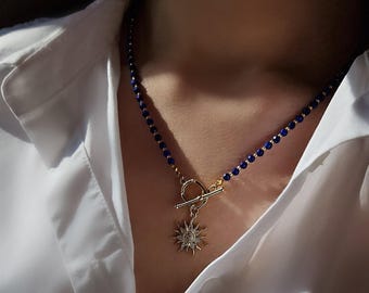Lapis Lazuli Necklace with Gold Sun Pendant, Celestial Pendant Necklace with Toggle Clasp