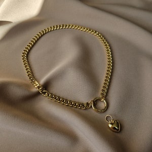 18K Gold Plated Trendy Curb Chain Necklace with Puffy Heart Pendant, Chunky Choker for Woman, Casual Everyday Accessories for Her Gift