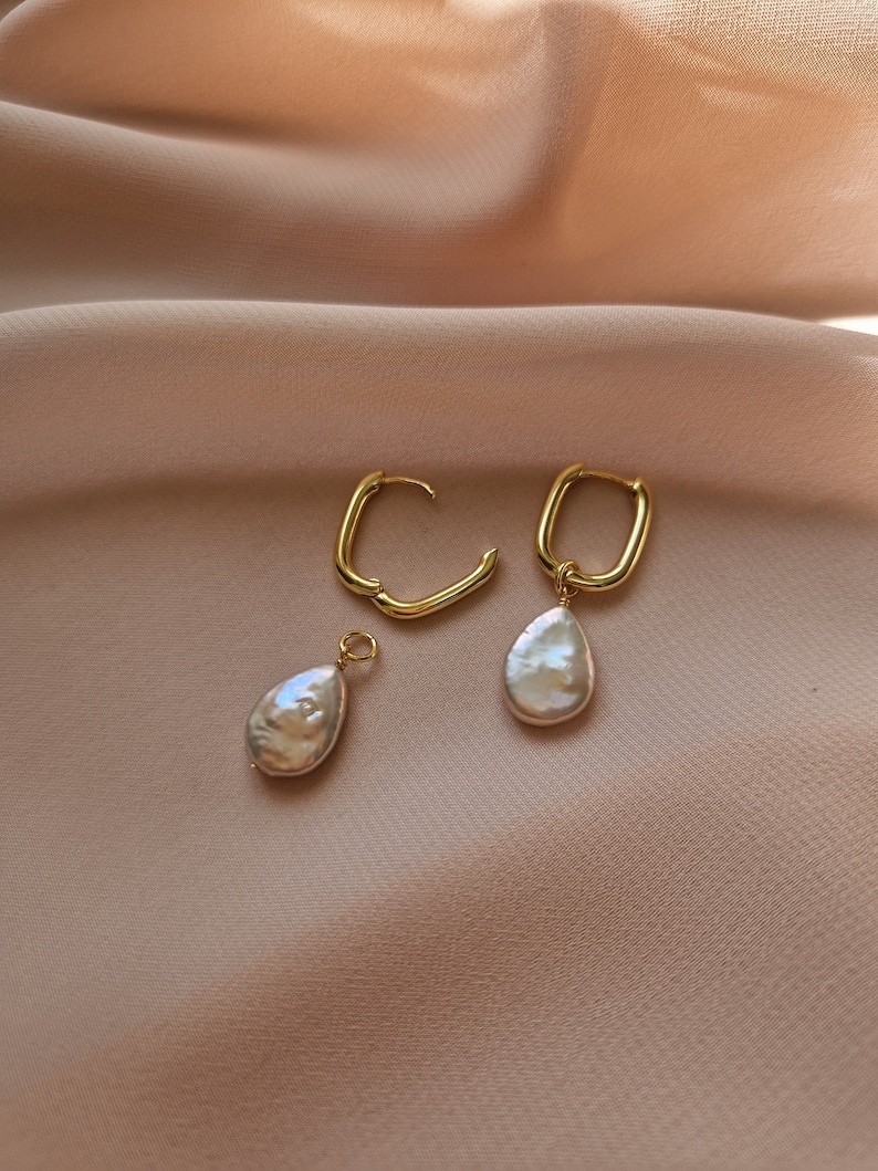Dangling Pearl Hoops, Bridesmaids Jewelry, Pearl Earrings, Earrings with Removable Pearls, Earrings as Christmas Gift, Fresh Water Pearls image 5