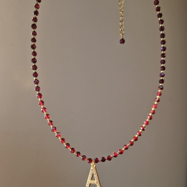 Initial Letter Pendant Personalized Garnet Necklace January Birthstone Gift for Woman Birthday Wife Present for Her, Custom Name Necklace