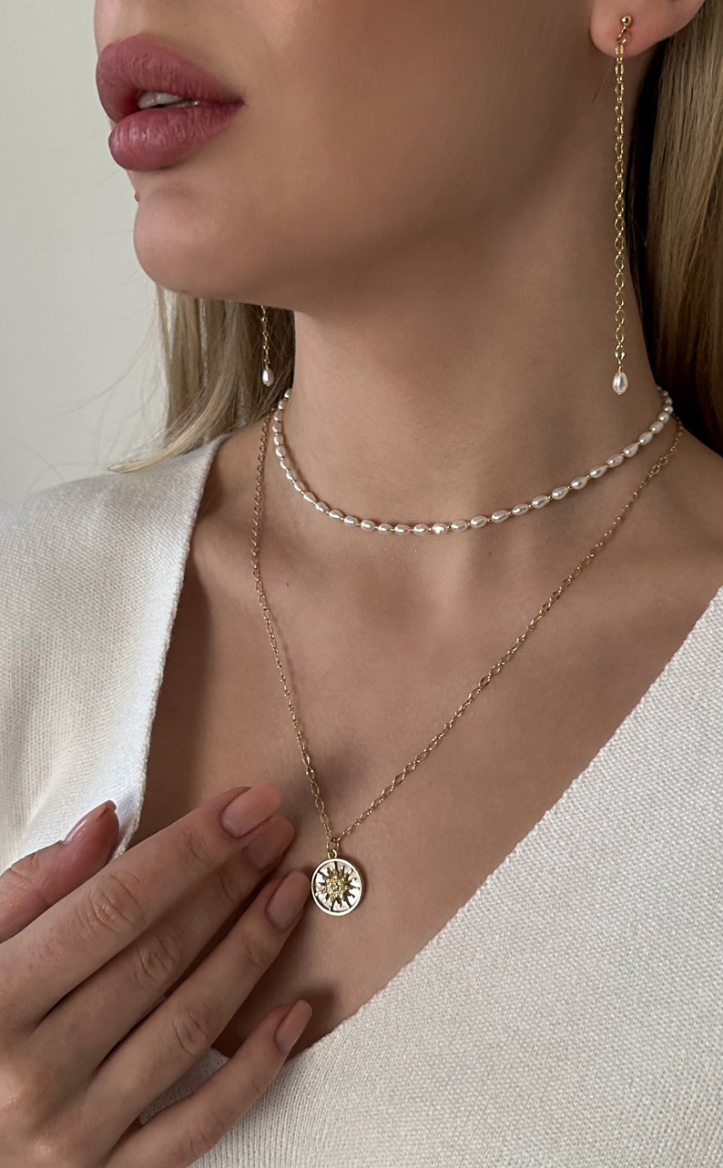 Layered Necklace Set Pearl Choker and Sun Pendant Long Chain Necklace, Long Gold Earrings with Pearl, Dainty Jewelry for Her Birthday Gift image 6