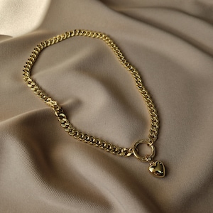 Gold  Plated Curb Chain Necklace with Puffy Heart Pendant, Brass Chunky Chain Necklace for Women