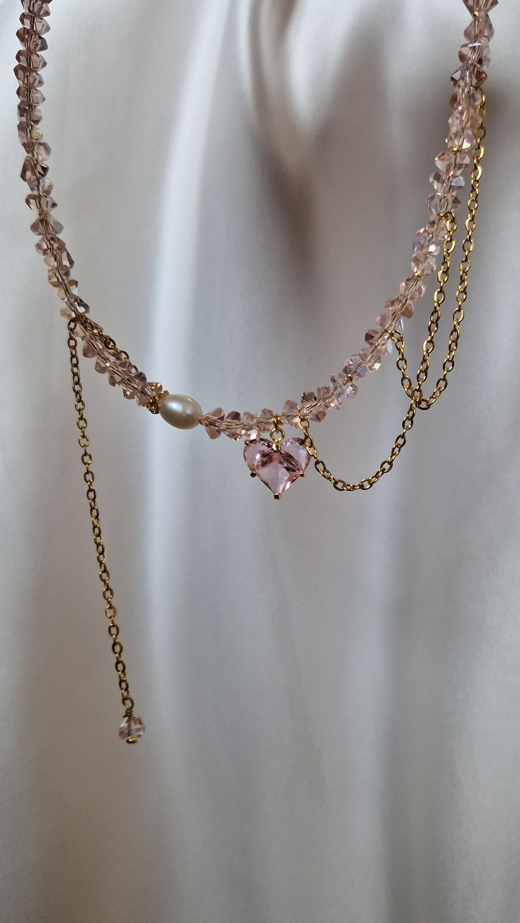 ZSYTF Collana con ciondolo a forma di cuore rosa, perline acriliche a contrasto di colore, catena girocollo con perline a forma di cuore, 16.54inch