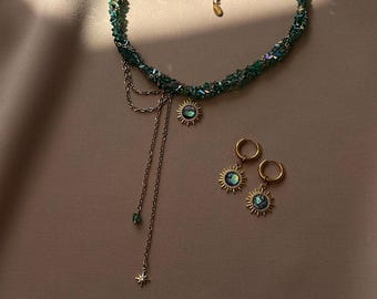 Boho Crystal Choker, Gold Sun Necklace, Dangle Sun Earrings, Celestial Jewelry Set, Girlfriend Gift Ideas, Jewelry Gift for Her