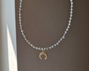 Cacholong choker with Moon pendant, Dainty choker, Gift for her, Beads choker, Handmade choker