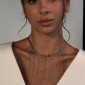 Mixed Metal Fringe Necklace, Two Tone Statement Choker & Rectangular Hoops image 13