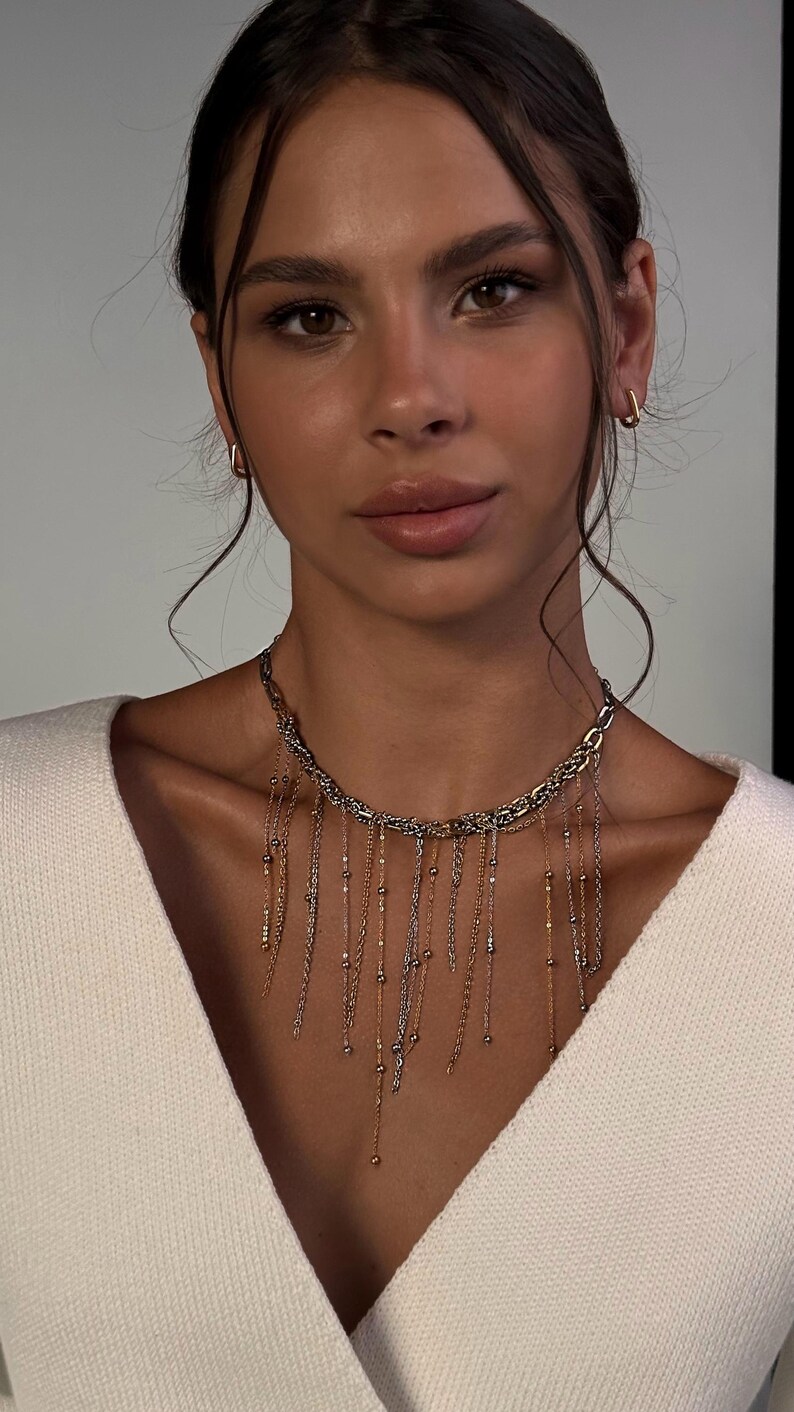 Mixed Metal Fringe Necklace, Two Tone Statement Choker & Rectangular Hoops image 13
