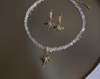 Celestial Jewelry Set, North Star Pendant Crystal  Choker Necklace, Statement Dangle Star Earrings, Art Deco Jewelry Gift, Birthday Gift Her