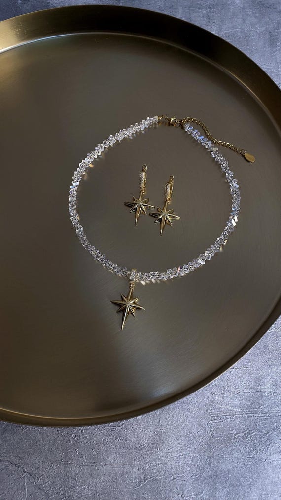 Celestial Jewelry Set, North Star Pendant Crystal  Choker Necklace, Statement Dangle Star Earrings, Art Deco Jewelry Gift, Birthday Gift Her
