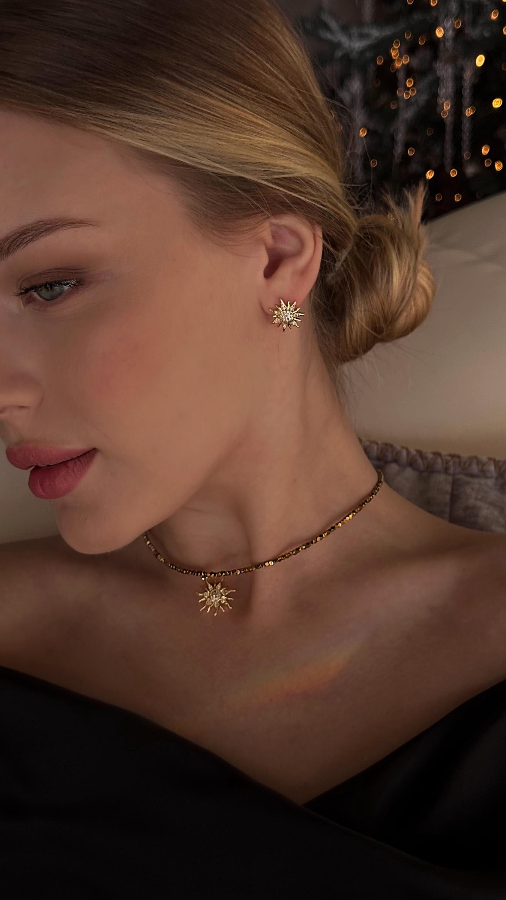 Celestial Pendant Hematite Choker, Stud Sun Earrings Gold Plated, Gemstone Bead Sun Necklace, Bohemian Jewelry Set, Girlfriend Birthday Gift