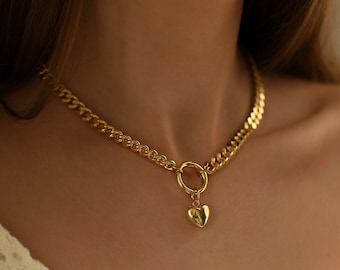 Gold Plated Chunky Chain Necklace with Heart Pendant