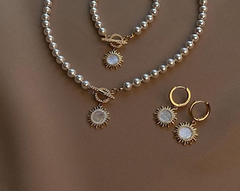 Sun Pendant Pearl Jewelry Set, Celestial Toggle Necklace, Dangle Earrings, Matching Pearl Bracelet, Gift for Mom