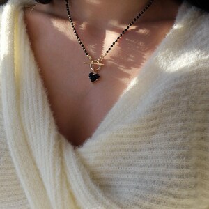 Black Spinel Necklace with Heart Pendant, Toggle Necklace for Women, Wife Anniversary Gift, Dainty Long Necklace, Gemstone Jewelry for Her image 4