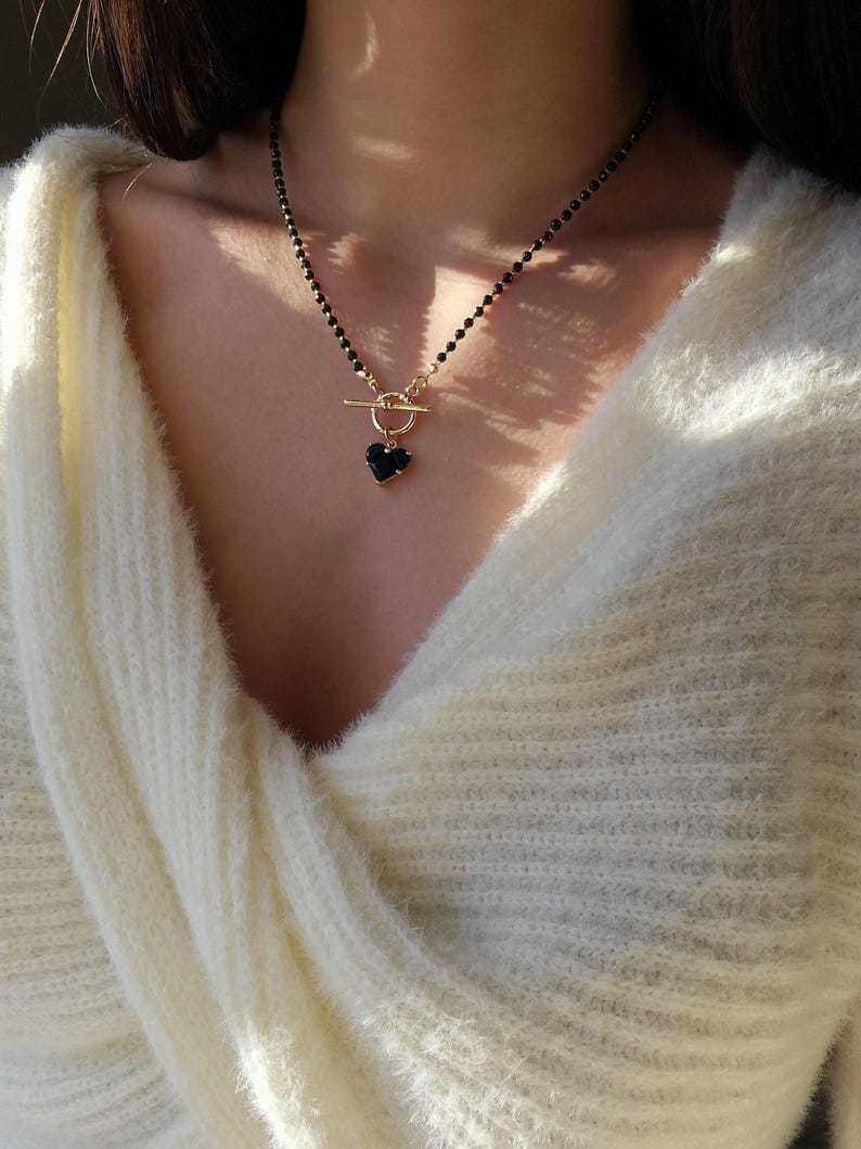 Black Spinel Necklace with Heart Pendant, Toggle Necklace for Women, Wife Anniversary Gift, Dainty Long Necklace, Gemstone Jewelry for Her image 4