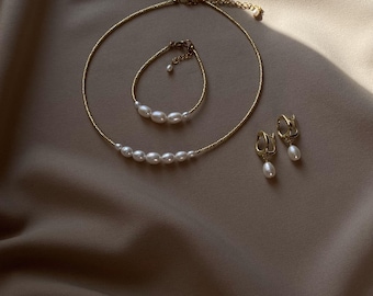 Naszyjnik typu choker z pereł ślubnych, koraliki nasienne, pozłacane kolczyki z pereł, komplet biżuterii ślubnej dla panny młodej, delikatny naszyjnik z pereł, zestaw dla druhny