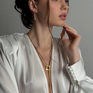 Art Deco Y Necklace for Rehearsal Dinner & Gold Lariat Stud Set image 6