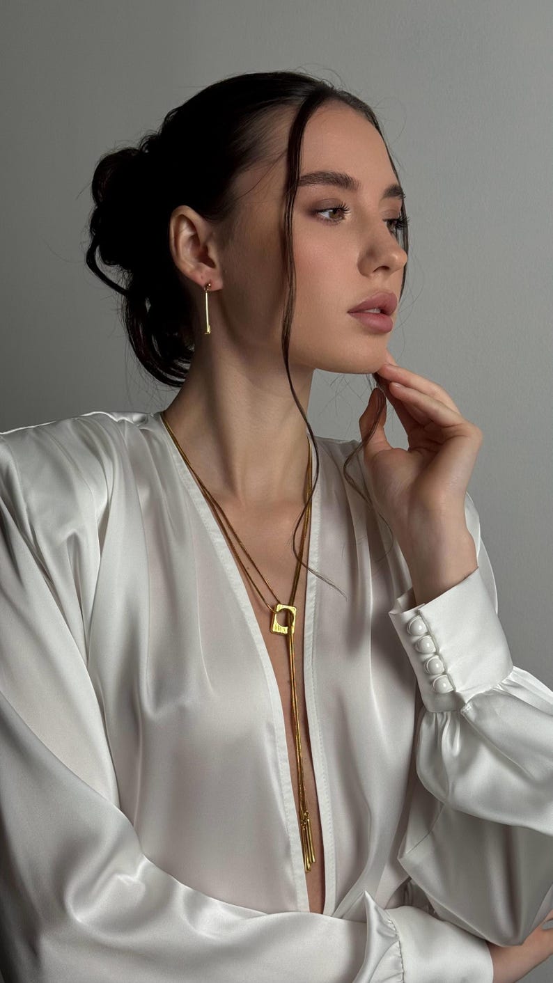 Art Deco Y Necklace for Rehearsal Dinner & Gold Lariat Stud Set image 6