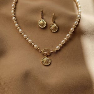 Celestial Pendant Pearl Toggle Necklace and Gold Plated Sun Earrings Set, Wedding Boho Bridal Jewelry, Clean Girl Aesthetic Pearl Choker image 6