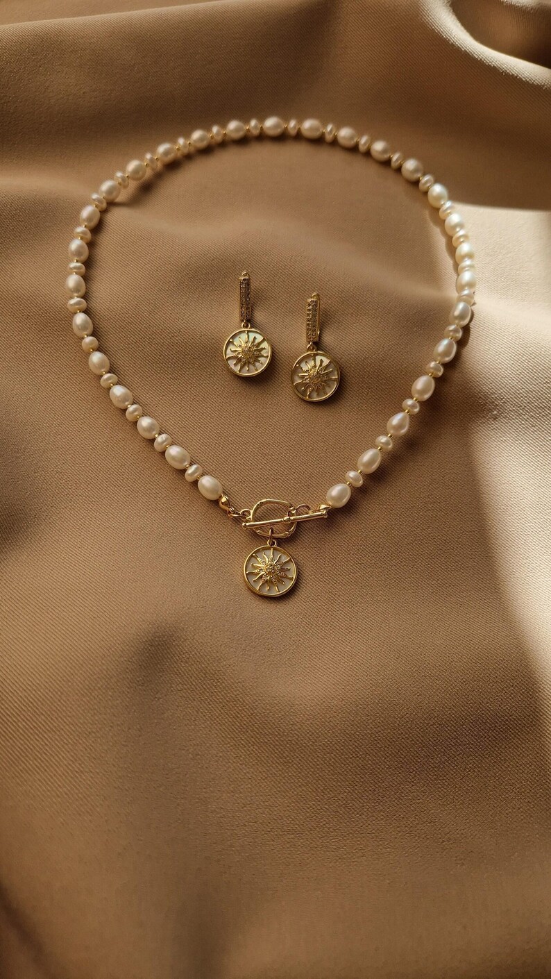 Celestial Pendant Pearl Toggle Necklace and Gold Plated Sun Earrings Set, Wedding Boho Bridal Jewelry, Clean Girl Aesthetic Pearl Choker image 6
