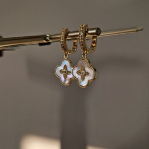Mother of Pearl Clover Earrings, Four Leaf Earrings for Women, Gold Plated Clover Dangle Earrings, Moissanite Earrings, Cubic Zirconia
