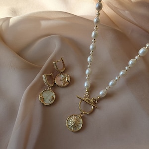 Celestial Jewelry, Sun Pendant Necklace and Gold Plated Mother of Pearl Earrings, Real Pearl Necklace, Freshwater Pearls image 2