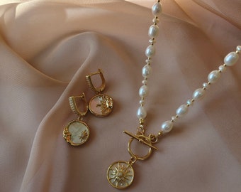 Sun Pendant Pearl Necklace Toggle Clasp, Gold Plated Sun Earrings, Celestial Jewelry, Boho Necklace Earrings Set